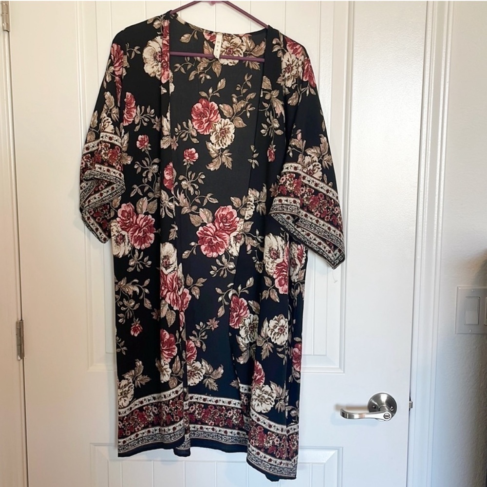 MTS Floral Black Long Line Boho Duster Kimono Size Medium